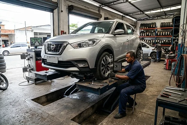 Carro sendo alinhado em uma borracharia, ilustrando o processo e seus benefícios na manutenção.