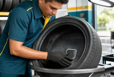 Mecânico consertando pneus em uma borracharia, mostrando as ferramentas necessárias e o trabalho em andamento.