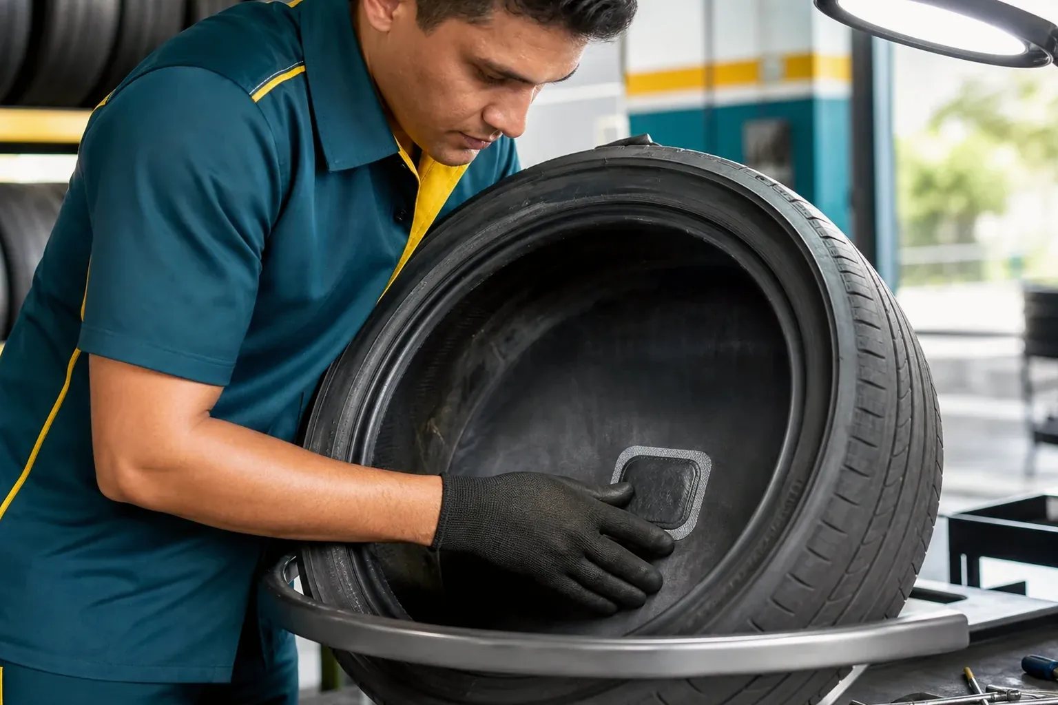 Mecânico consertando pneus em uma borracharia, mostrando as ferramentas necessárias e o trabalho em andamento.