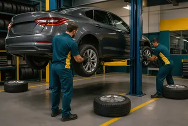 Mecânico fazendo rodízio nos pneus de um veículo, mostrando as técnicas adequadas.