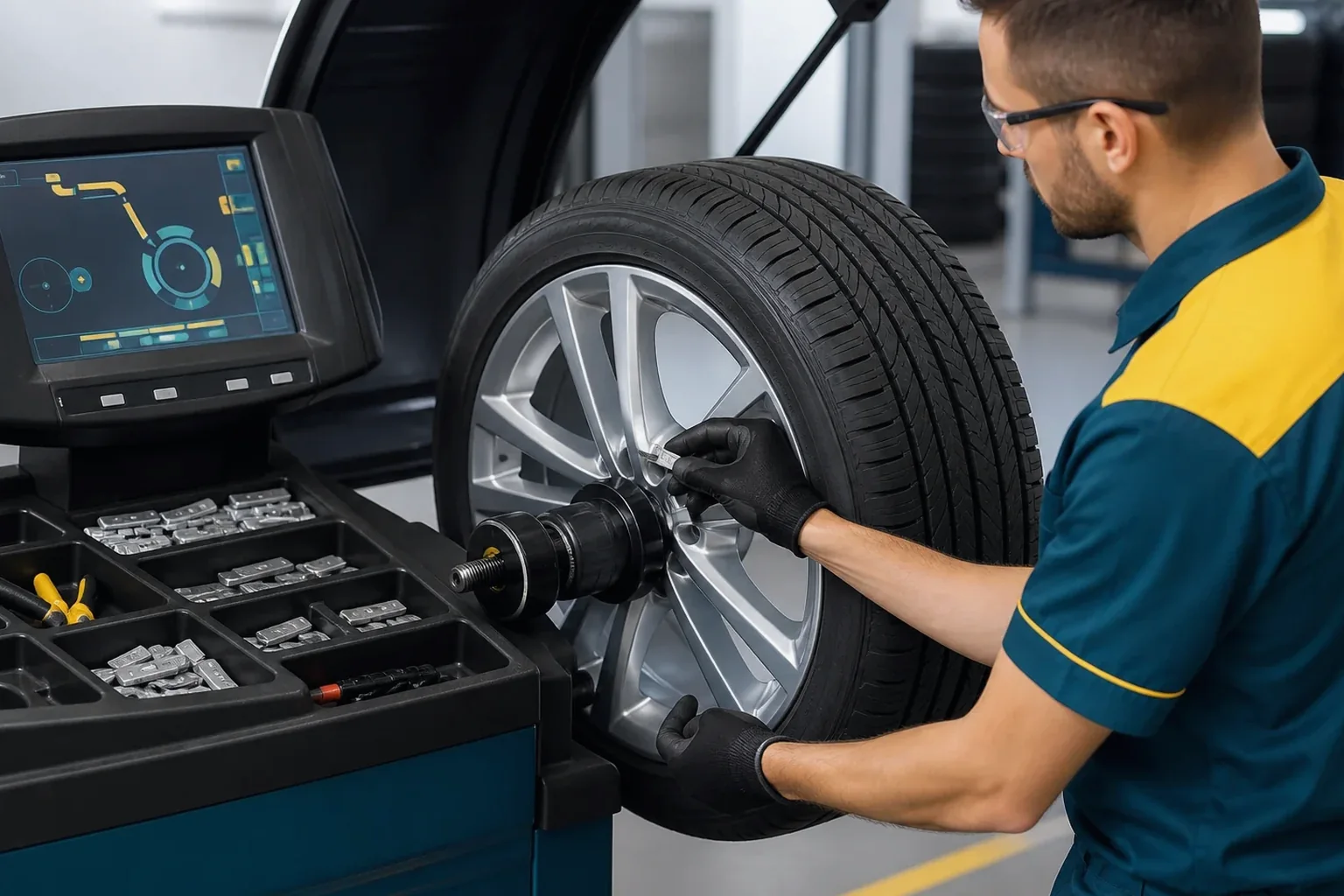 Mecânico utilizando equipamentos para balancear as rodas de um carro em uma borracharia.