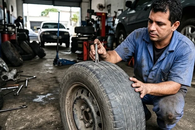 Pneu com sinais de desgaste visíveis, reforçando a necessidade de atenção e troca.